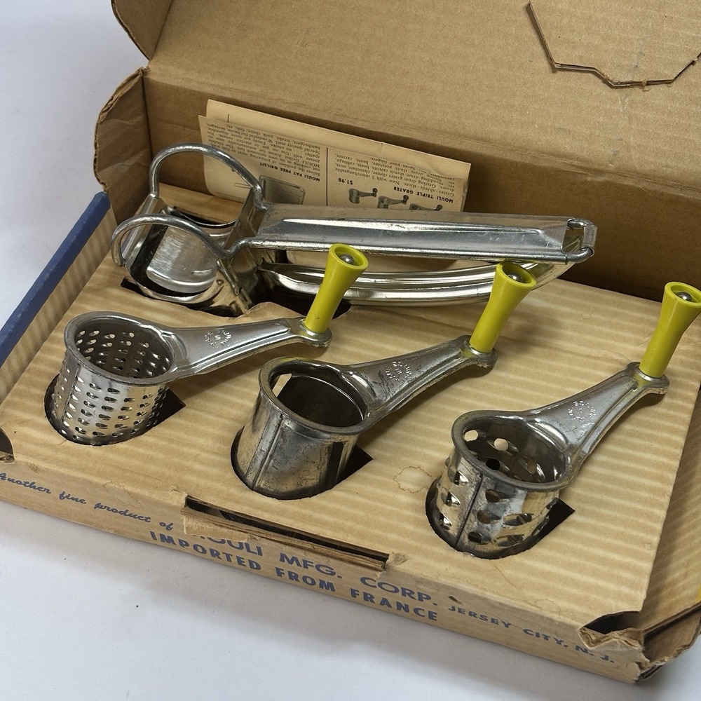 Vintage Mouli Triple Grater 3 Drums Rotary Cheese Shredder France In Box Paper